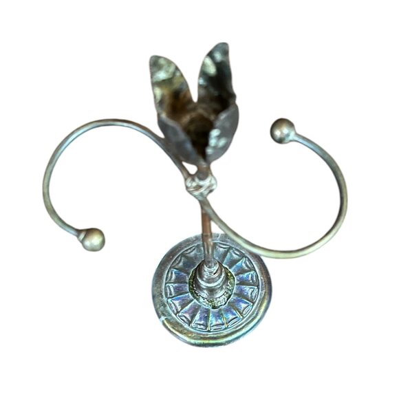 Vtg One-of-a-Kind Metal Earring Holder/Candlestick w/Pale Blue Carved Glass Base - Picture 5 of 10